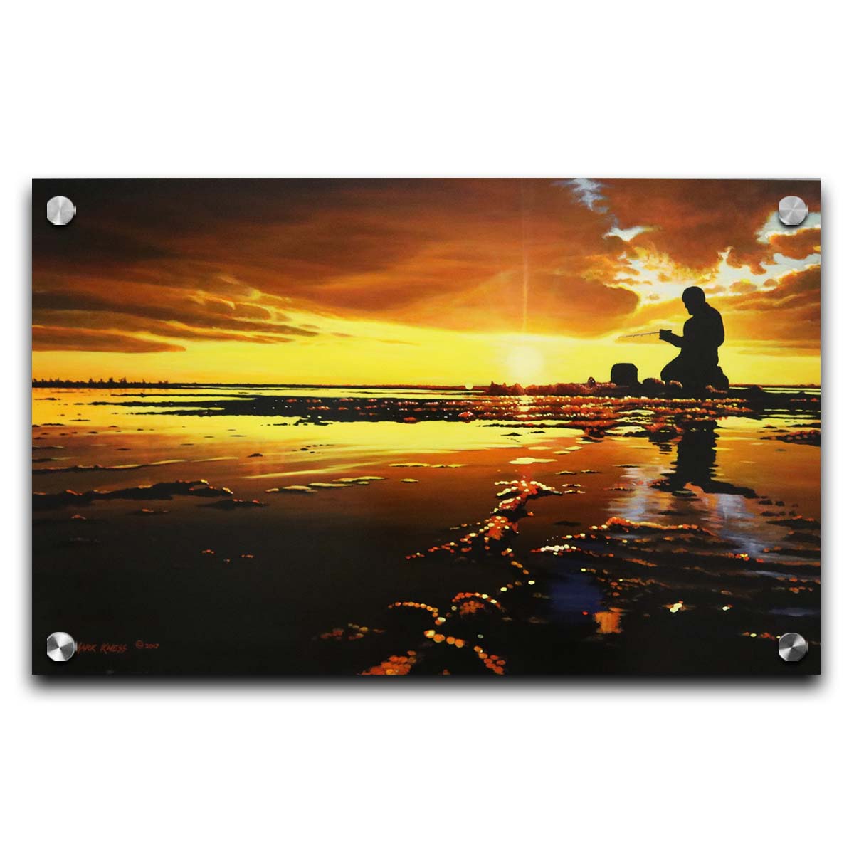 A painting of icy waters reflecting the sunset, with a fisherman silhouetted in the light, sitting with his fishing pole. Printed on acrylic.