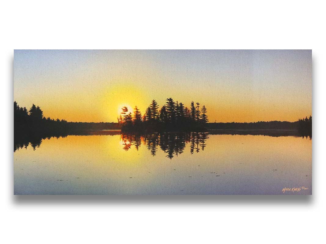 A painting of a low sun reflecting off the waters of a lake, surrounded by forest. Printed on canvas.