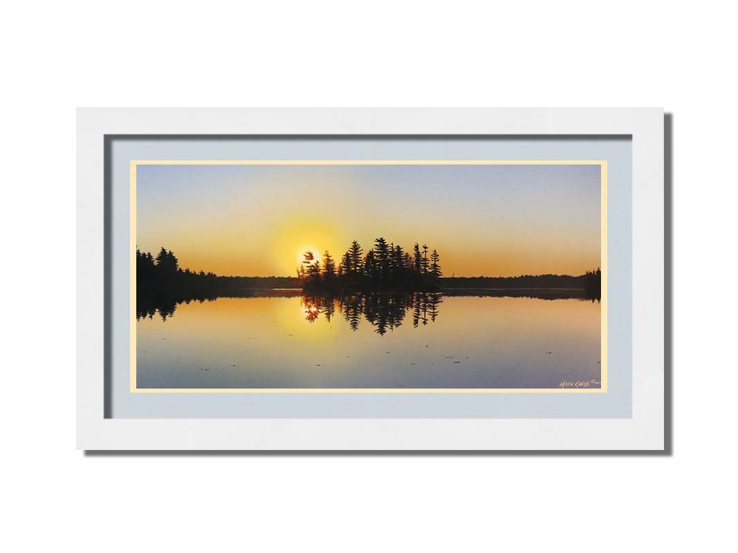 A painting of a low sun reflecting off the waters of a lake, surrounded by forest. Printed on paper, matted, and framed.