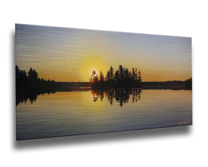 A painting of a low sun reflecting off the waters of a lake, surrounded by forest. Printed on metal.