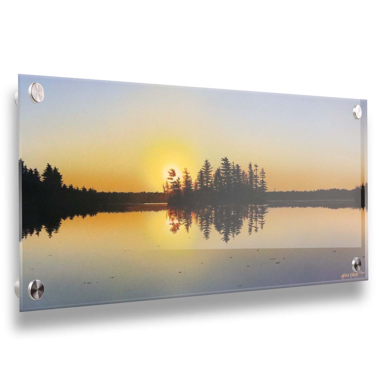 A painting of a low sun reflecting off the waters of a lake, surrounded by forest. Printed on acrylic.