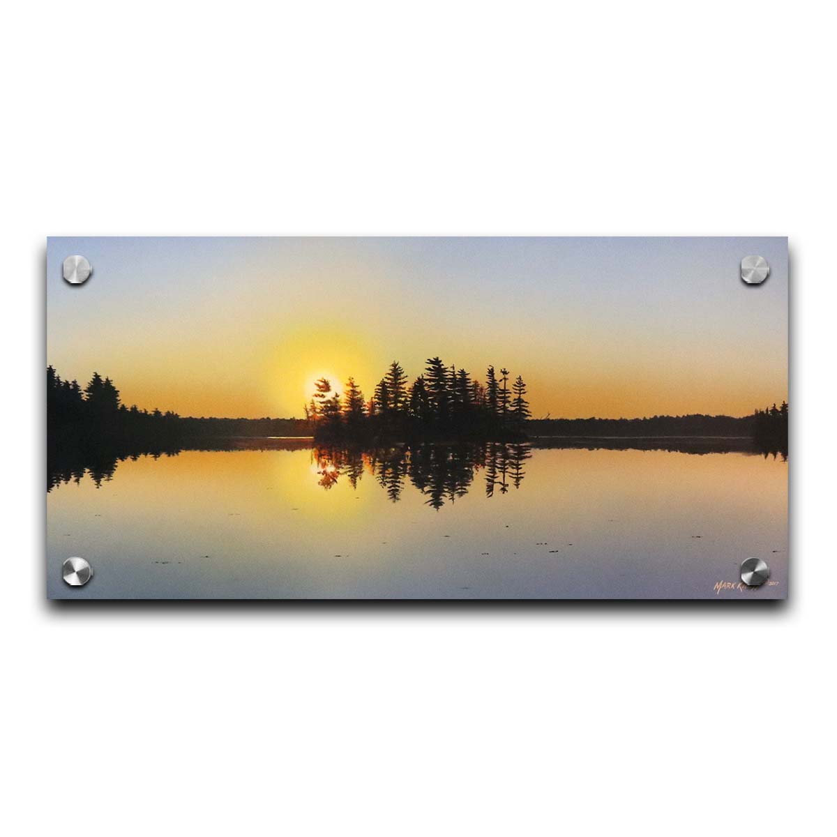 A painting of a low sun reflecting off the waters of a lake, surrounded by forest. Printed on acrylic.