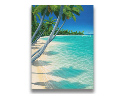 A vibrant painting of a landscape beach scene, with leaning palm trees and clear waters. Leaping dolphins swim in the distance, approaching the shore. Printed on canvas.