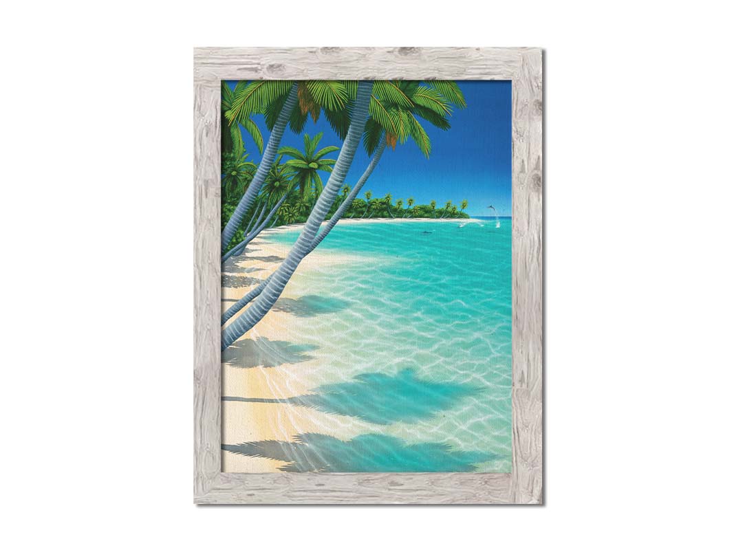 A vibrant painting of a landscape beach scene, with leaning palm trees and clear waters. Leaping dolphins swim in the distance, approaching the shore. Printed on canvas and framed.