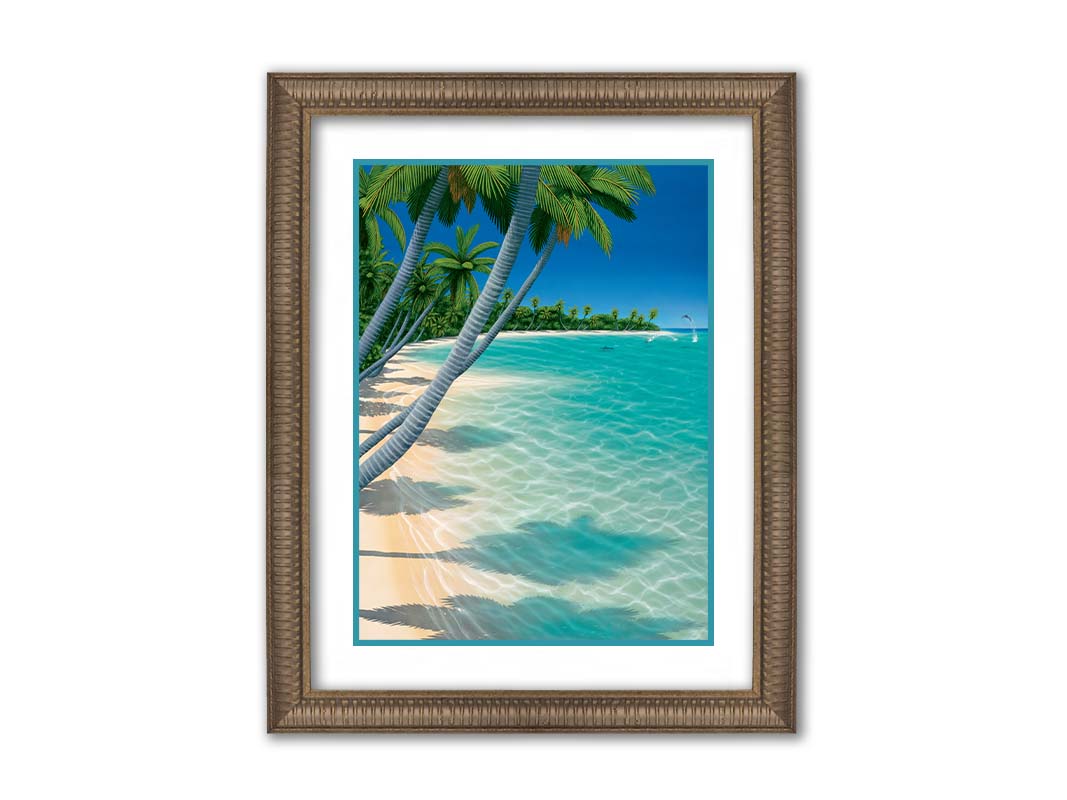 A vibrant painting of a landscape beach scene, with leaning palm trees and clear waters. Leaping dolphins swim in the distance, approaching the shore. Printed on paper, matted, and framed.