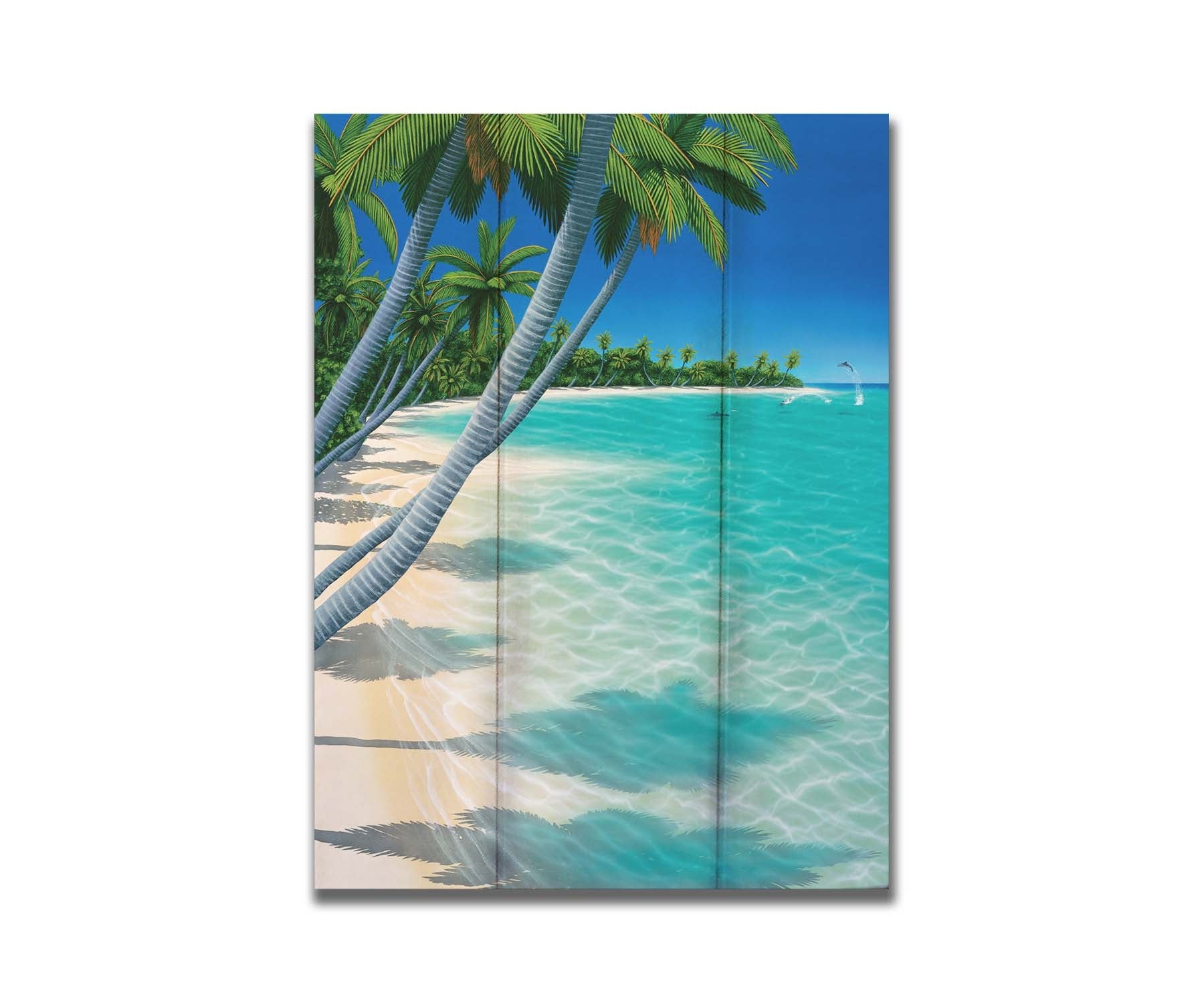 A vibrant painting of a landscape beach scene, with leaning palm trees and clear waters. Leaping dolphins swim in the distance, approaching the shore. Printed on a box board.