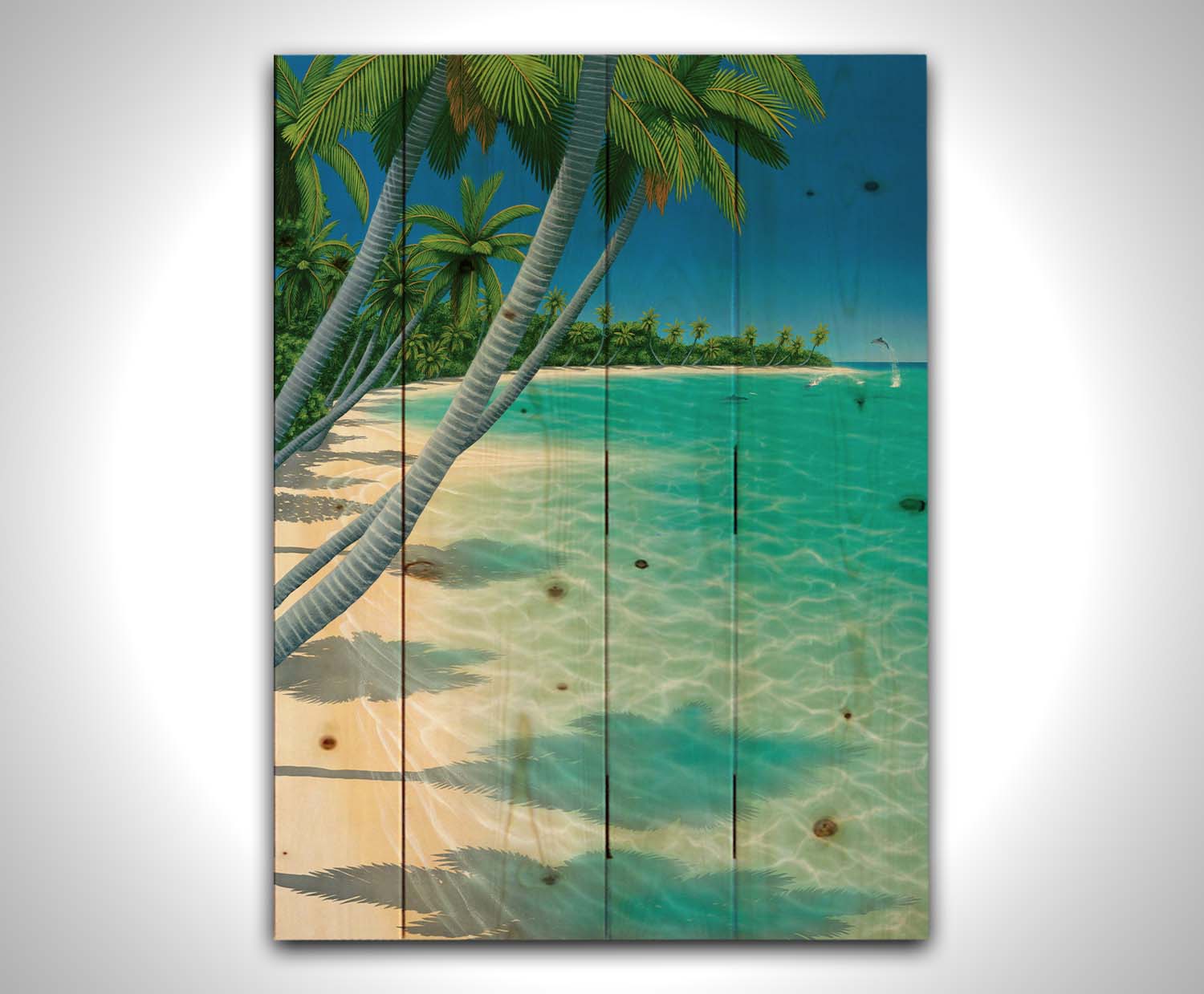 A vibrant painting of a landscape beach scene, with leaning palm trees and clear waters. Leaping dolphins swim in the distance, approaching the shore. Printed on a wood pallet.