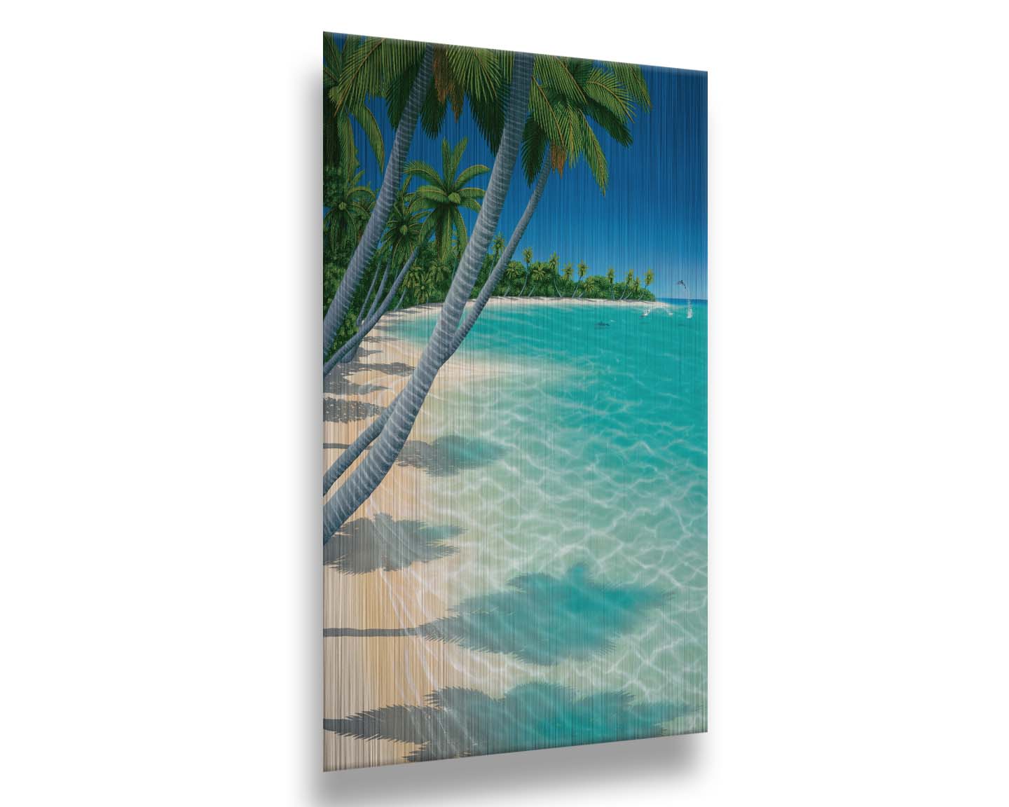 A vibrant painting of a landscape beach scene, with leaning palm trees and clear waters. Leaping dolphins swim in the distance, approaching the shore. Printed on metal.