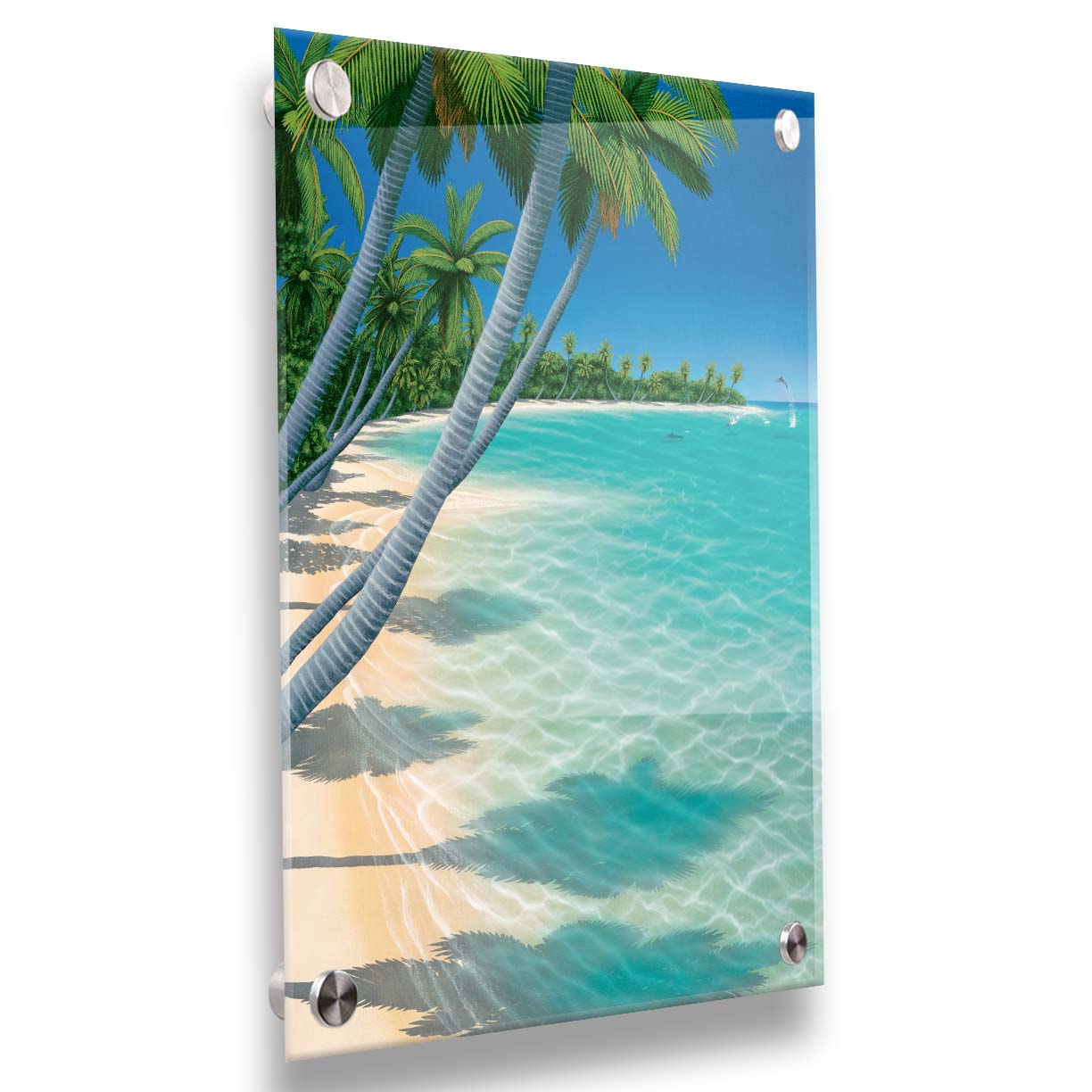 A vibrant painting of a landscape beach scene, with leaning palm trees and clear waters. Leaping dolphins swim in the distance, approaching the shore. Printed on acrylic.