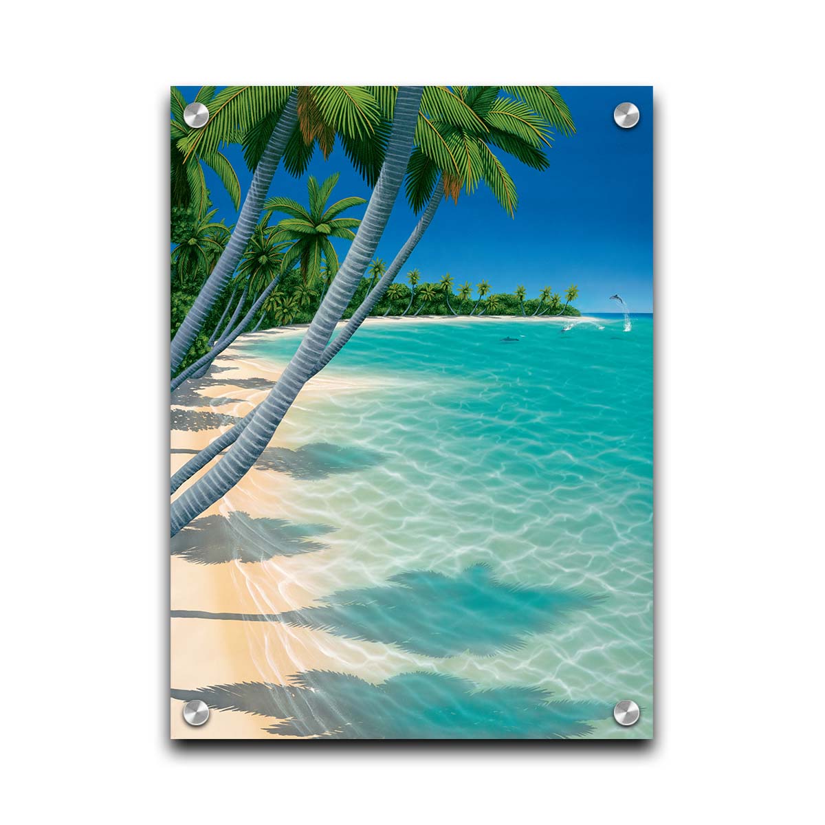 A vibrant painting of a landscape beach scene, with leaning palm trees and clear waters. Leaping dolphins swim in the distance, approaching the shore. Printed on acrylic.