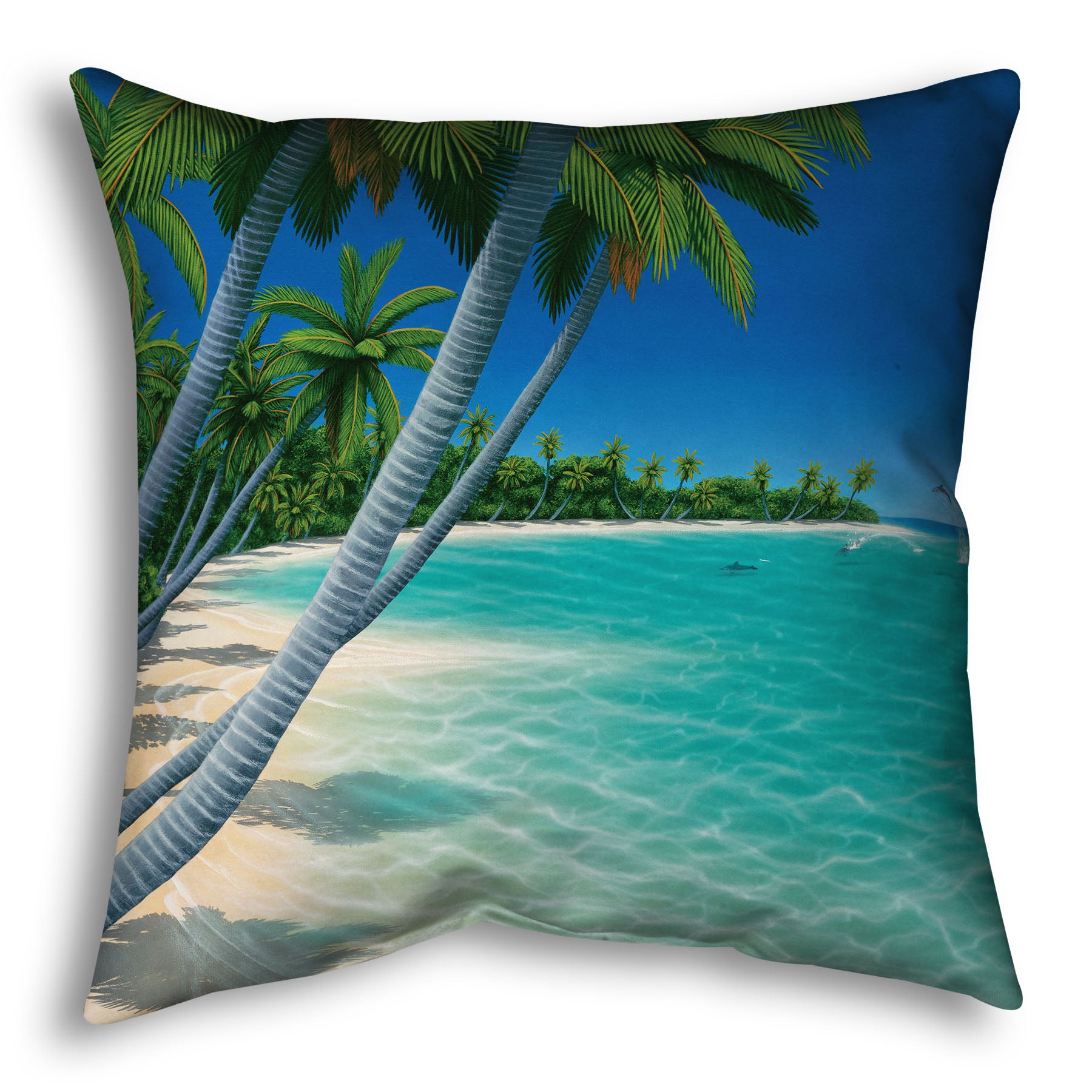 A throw pillow designed with a vibrant painting of a landscape beach scene, with leaning palm trees and clear waters. Leaping dolphins swim in the distance, approaching the shore.