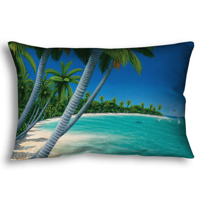 A throw pillow designed with a vibrant painting of a landscape beach scene, with leaning palm trees and clear waters. Leaping dolphins swim in the distance, approaching the shore.