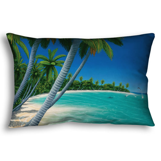 A throw pillow designed with a vibrant painting of a landscape beach scene, with leaning palm trees and clear waters. Leaping dolphins swim in the distance, approaching the shore.