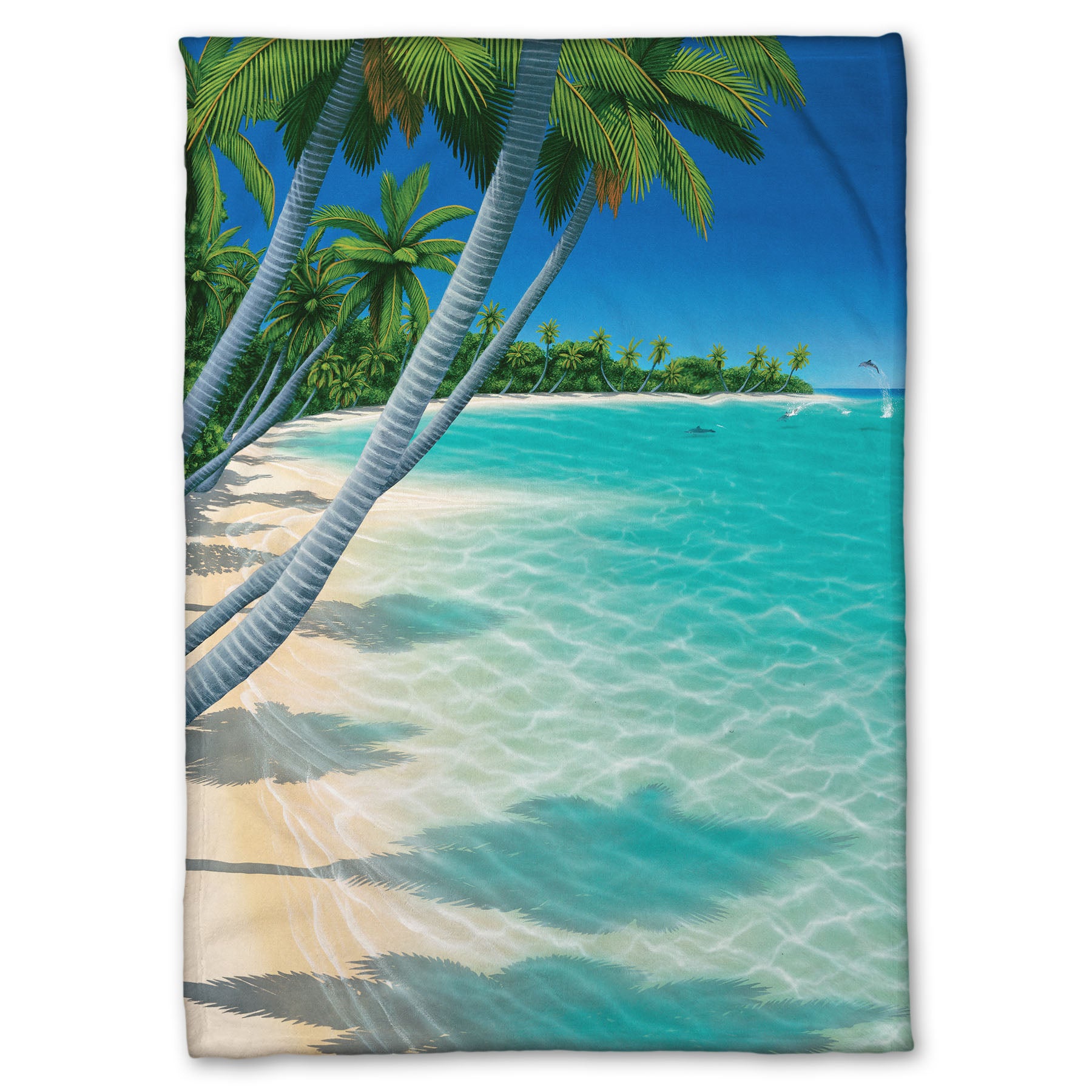 A coral fleece blanket designed with a vibrant painting of a landscape beach scene, with leaning palm trees and clear waters. Leaping dolphins swim in the distance, approaching the shore.