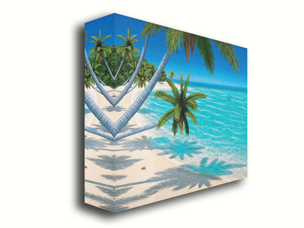 A painting of a white sand beach with growing palm trees and conch shells. Sea turtles swim through the clear blue waters. Printed on canvas.