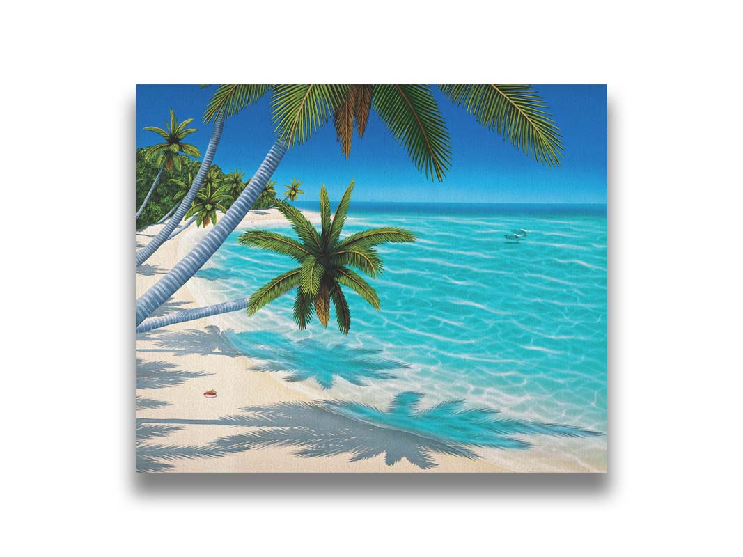 A painting of a white sand beach with growing palm trees and conch shells. Sea turtles swim through the clear blue waters. Printed on canvas.