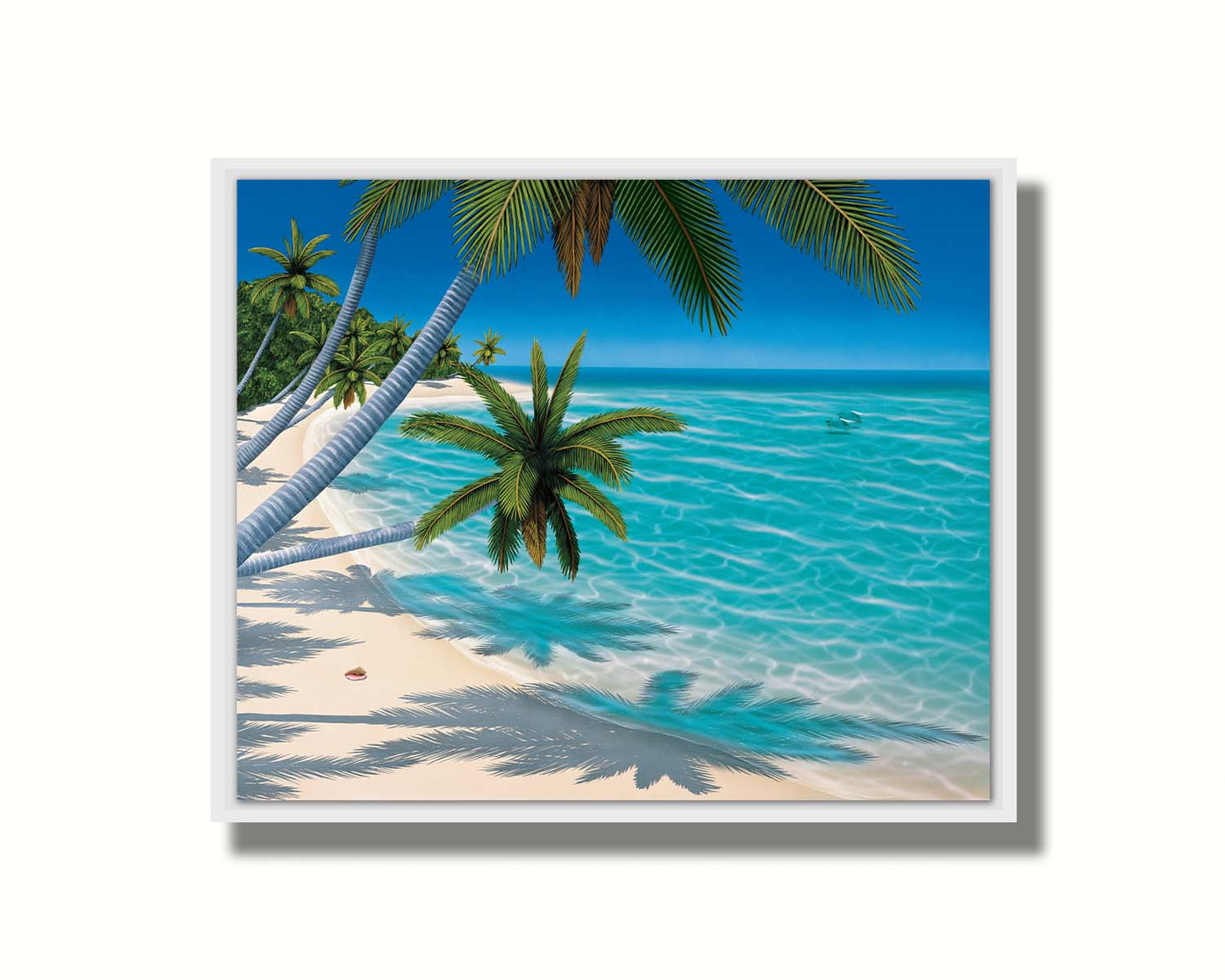 A painting of a white sand beach with growing palm trees and conch shells. Sea turtles swim through the clear blue waters. Printed on canvas in a float frame.