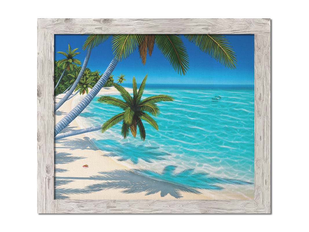 A painting of a white sand beach with growing palm trees and conch shells. Sea turtles swim through the clear blue waters. Printed on canvas and framed.