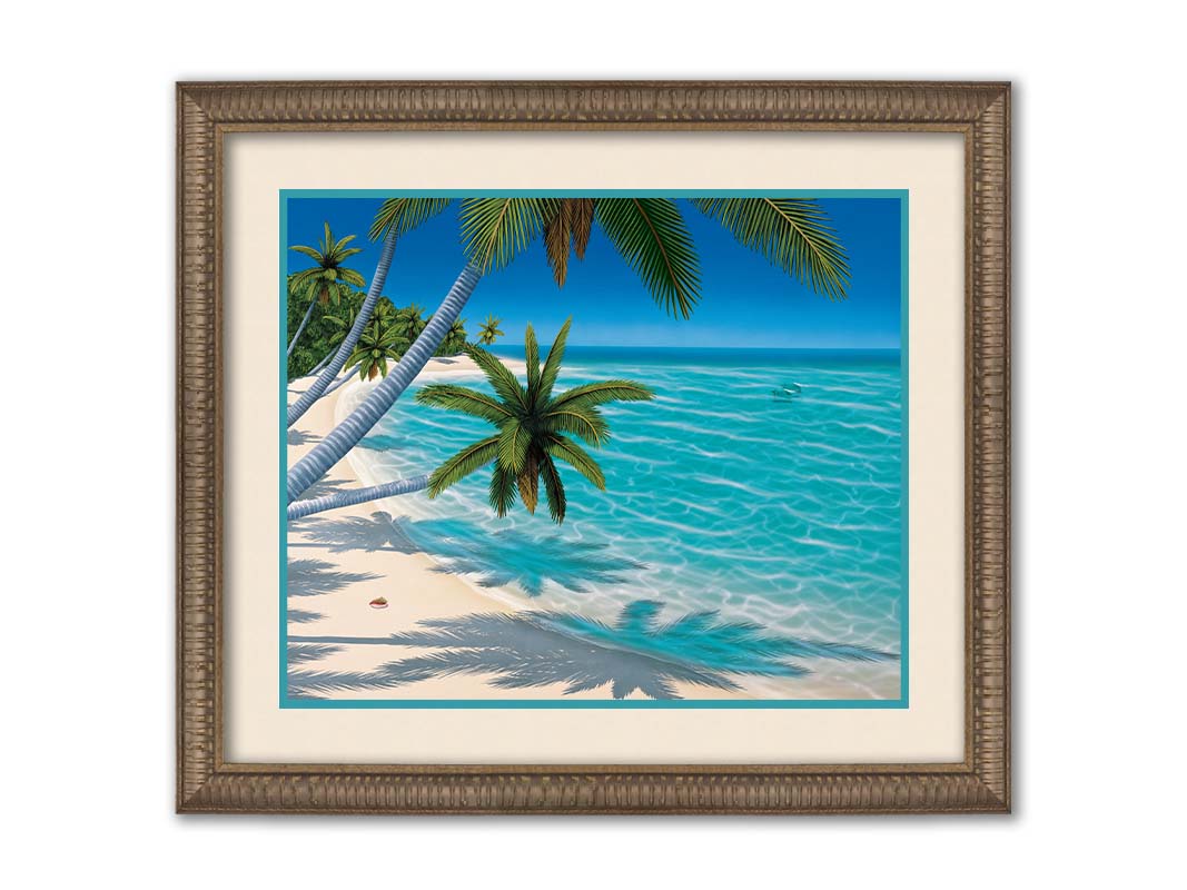 A painting of a white sand beach with growing palm trees and conch shells. Sea turtles swim through the clear blue waters. Printed on paper, matted, and framed.