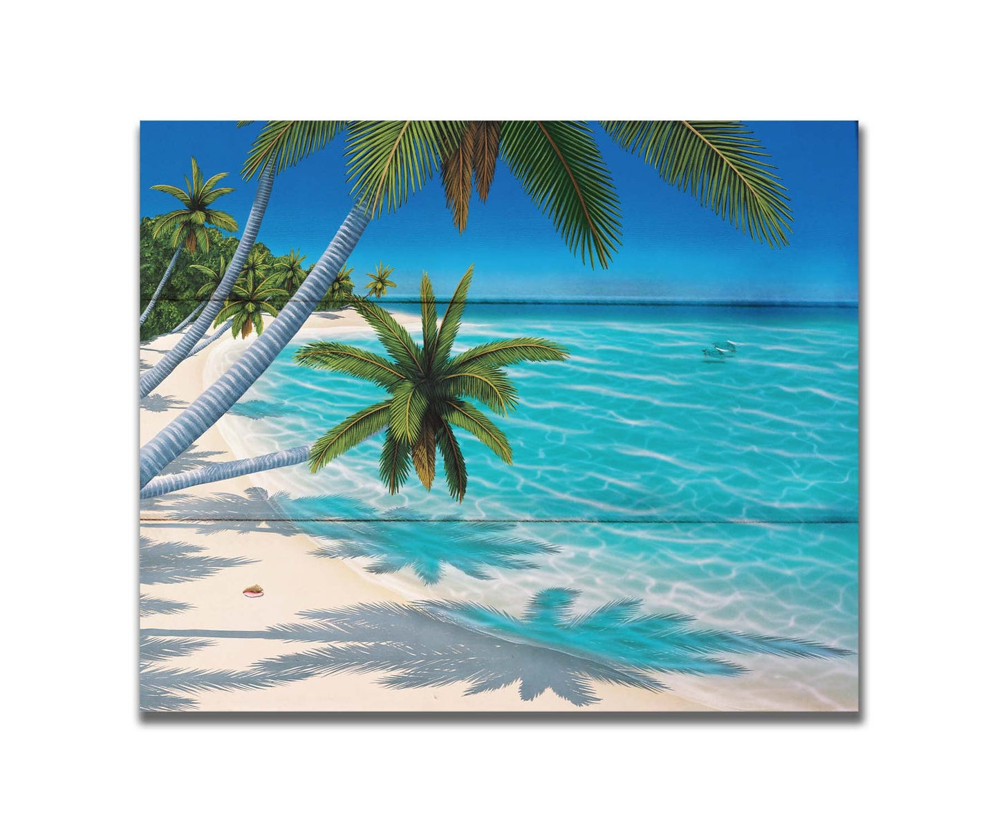 A painting of a white sand beach with growing palm trees and conch shells. Sea turtles swim through the clear blue waters. Printed on a box board.