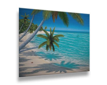 A painting of a white sand beach with growing palm trees and conch shells. Sea turtles swim through the clear blue waters. Printed on metal.