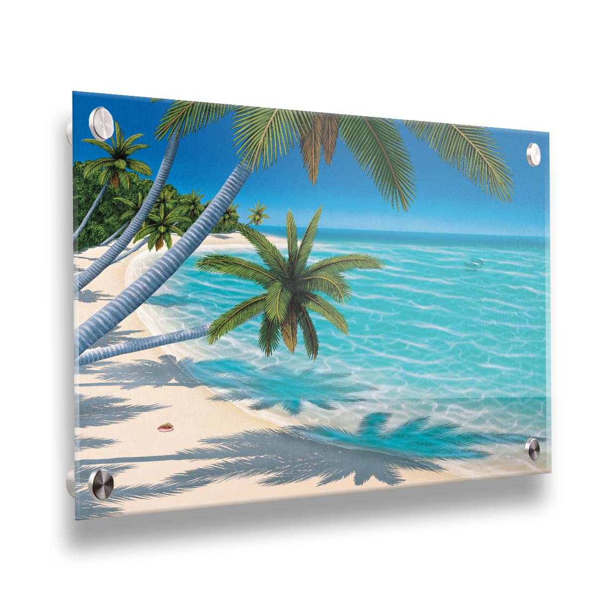 A painting of a white sand beach with growing palm trees and conch shells. Sea turtles swim through the clear blue waters. Printed on acrylic.