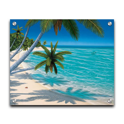 A painting of a white sand beach with growing palm trees and conch shells. Sea turtles swim through the clear blue waters. Printed on acrylic.