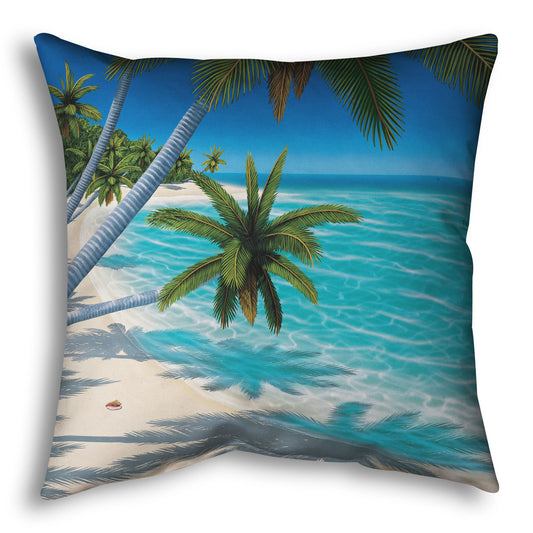 A throw pillow designed with a painting of a white sand beach with growing palm trees and conch shells. Sea turtles swim through the clear blue waters.