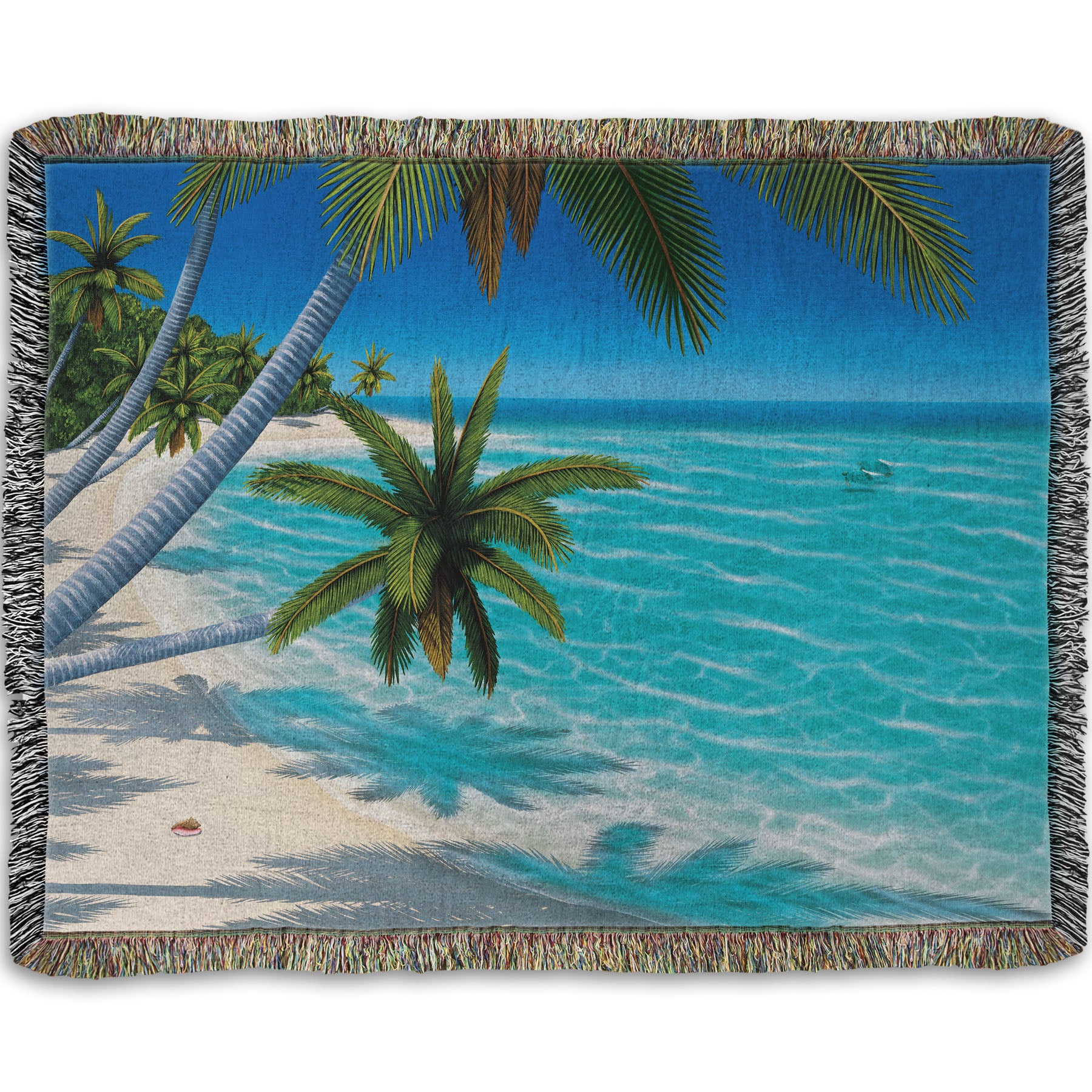 A woven throw blanket designed with a painting of a white sand beach with growing palm trees and conch shells. Sea turtles swim through the clear blue waters.