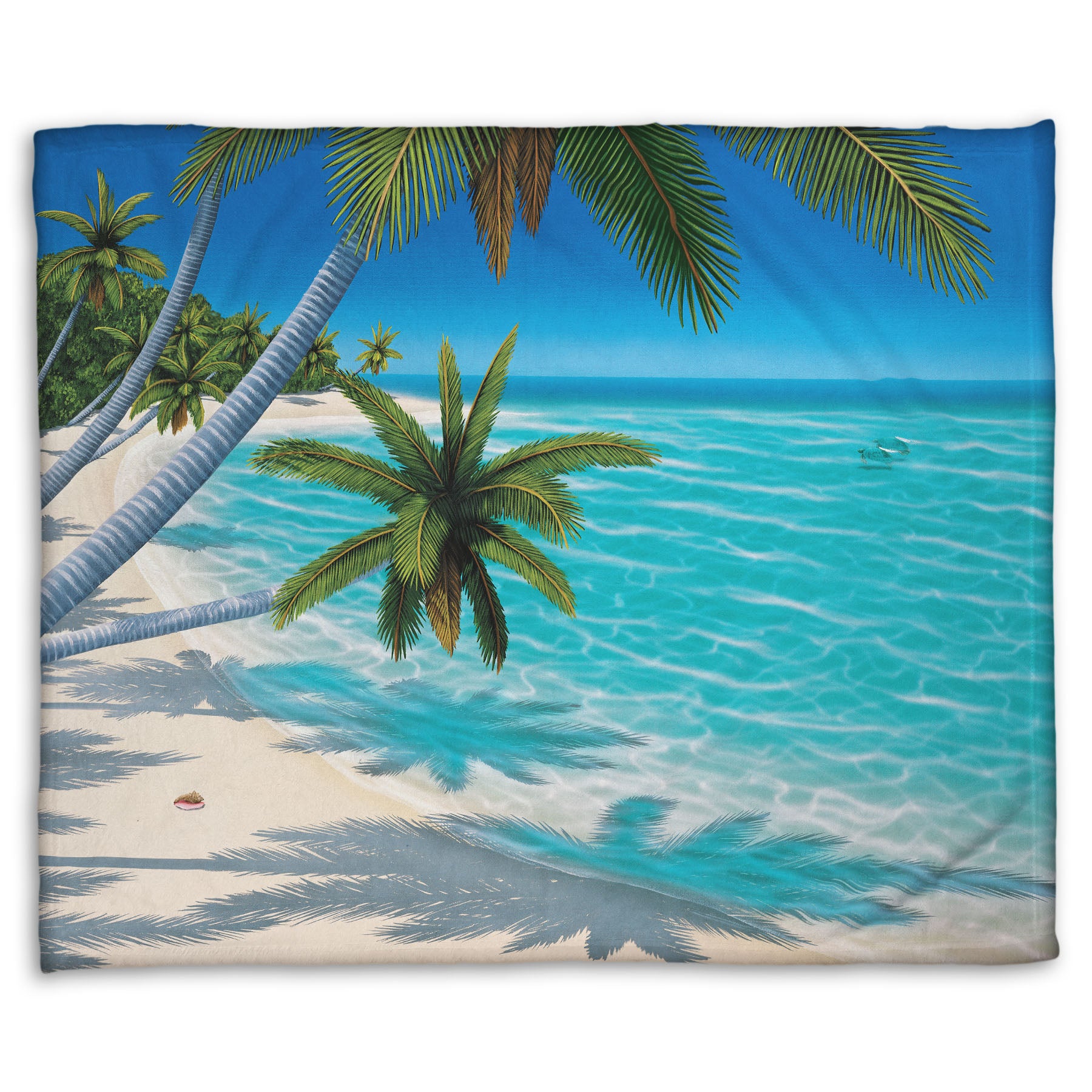 A coral fleece throw blanket designed with a painting of a white sand beach with growing palm trees and conch shells. Sea turtles swim through the clear blue waters.