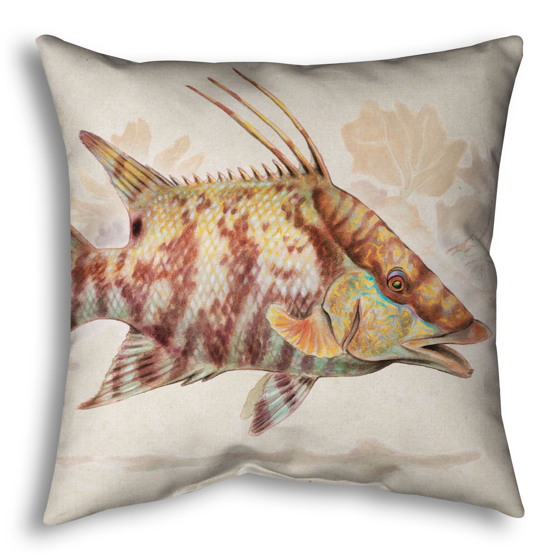 A throw pillow designed with a painting of a hogfish against a soft coral background, all isolated in a warm neutral space.