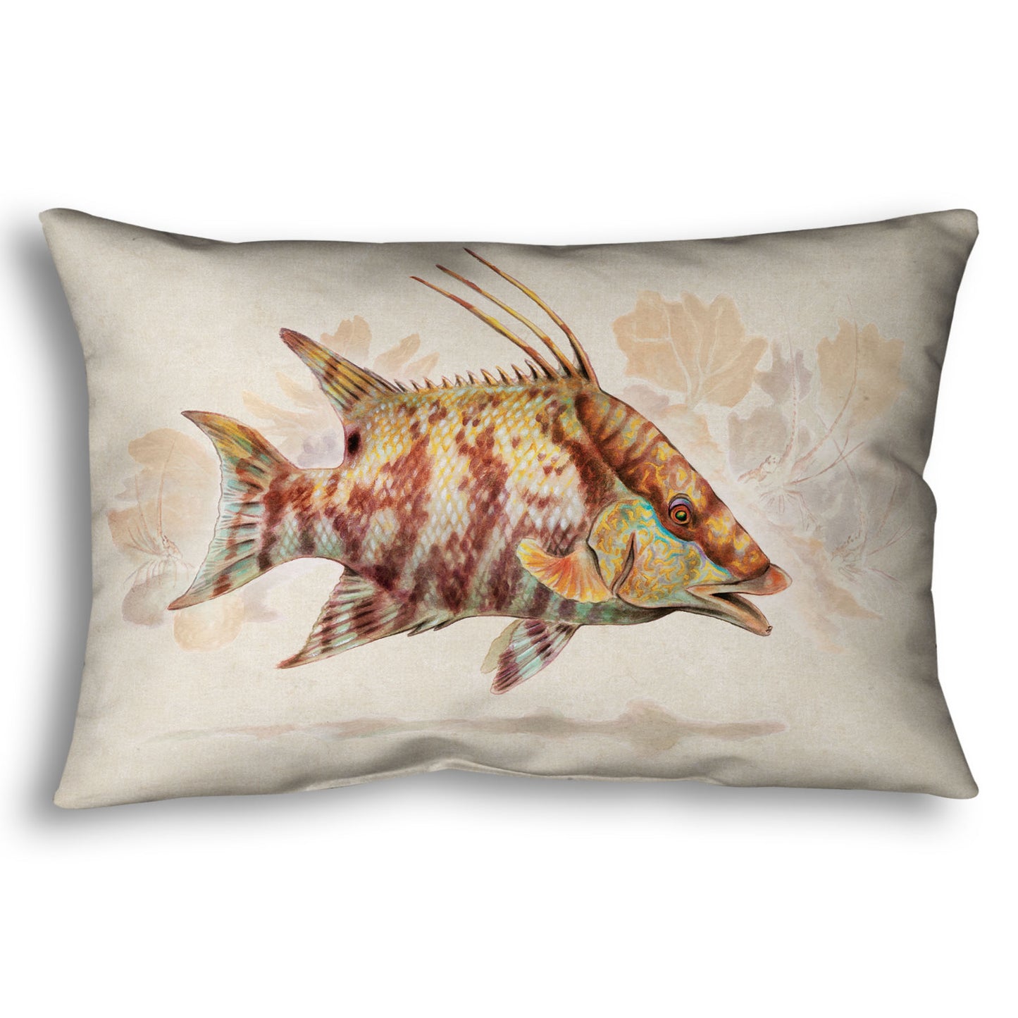 A throw pillow designed with a painting of a hogfish against a soft coral background, all isolated in a warm neutral space.