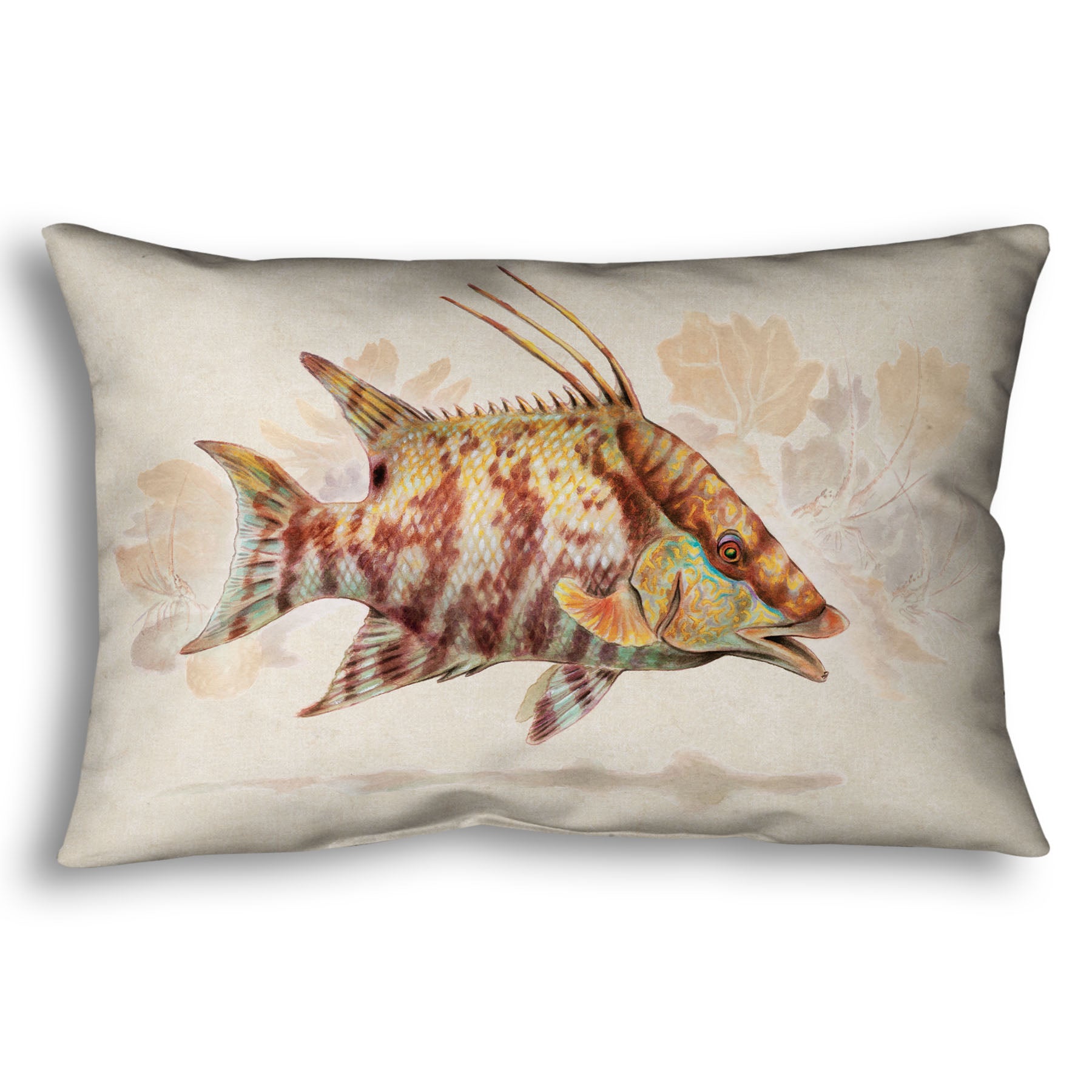 A throw pillow designed with a painting of a hogfish against a soft coral background, all isolated in a warm neutral space.