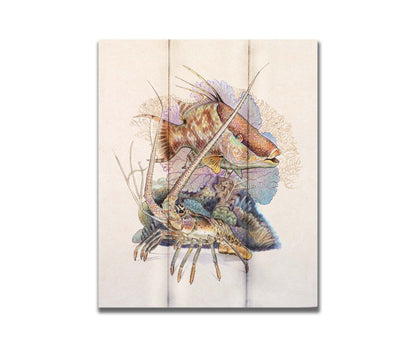 A painting of a hogfish and a lobster in front of various corals and sea plants, isolated against a white background. Printed on a box board.