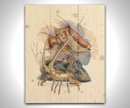 A painting of a hogfish and a lobster in front of various corals and sea plants, isolated against a white background. Printed on a wood pallet.