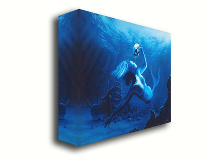 A monochrome blue painting of a mermaid near the seafloor, swimming through shipwrecks and carrying a human skull. Printed on canvas.