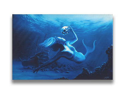 A monochrome blue painting of a mermaid near the seafloor, swimming through shipwrecks and carrying a human skull. Printed on canvas.