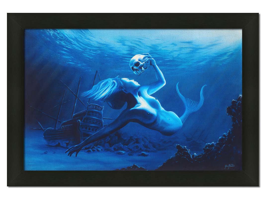 A monochrome blue painting of a mermaid near the seafloor, swimming through shipwrecks and carrying a human skull. Printed on canvas and framed.