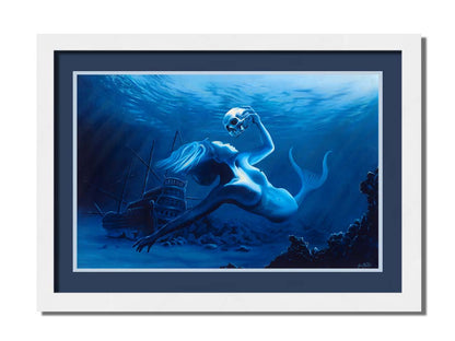 A monochrome blue painting of a mermaid near the seafloor, swimming through shipwrecks and carrying a human skull. Printed on paper, matted, and framed.