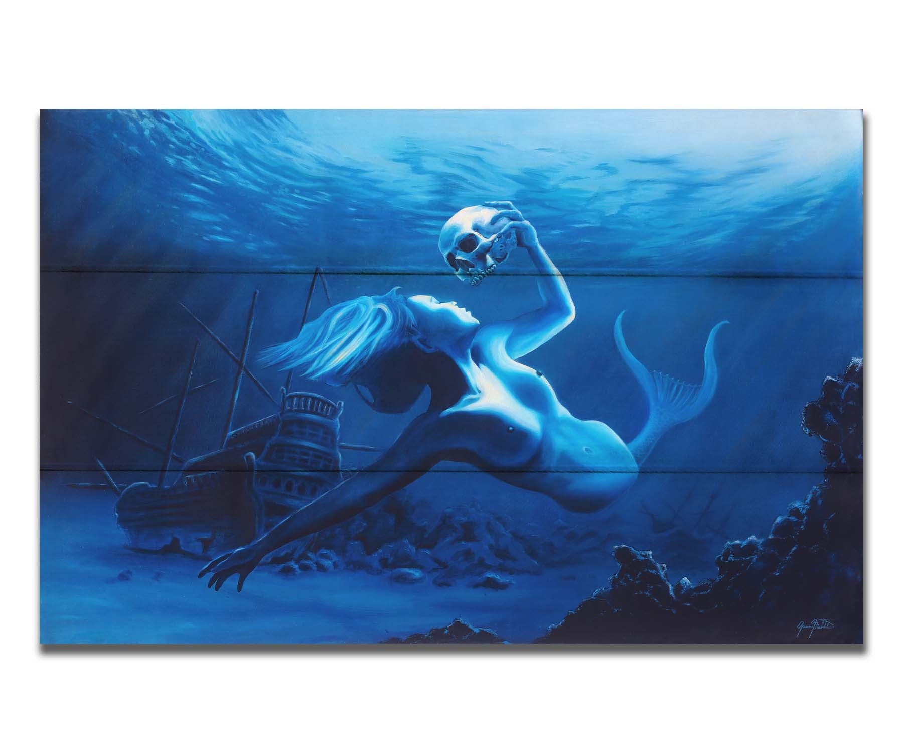 A monochrome blue painting of a mermaid near the seafloor, swimming through shipwrecks and carrying a human skull. Printed on a box board.