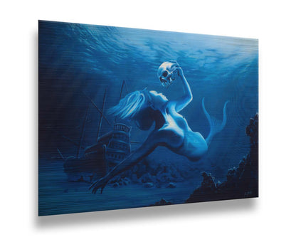 A monochrome blue painting of a mermaid near the seafloor, swimming through shipwrecks and carrying a human skull. Printed on metal.