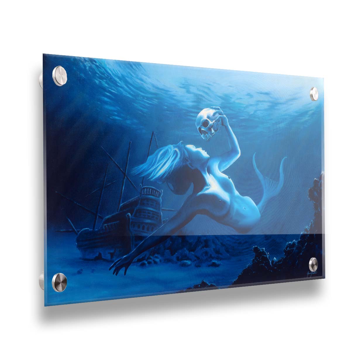 A monochrome blue painting of a mermaid near the seafloor, swimming through shipwrecks and carrying a human skull. Printed on acrylic.