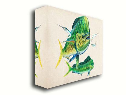 A painting of two vibrant green mahi-mahi fish swimming alongside three shimmering ballyhoo, isolated against a white background. Printed on canvas.