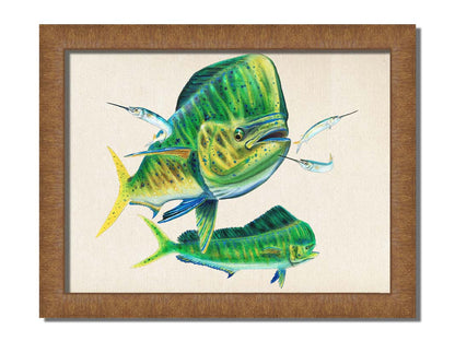 A painting of two vibrant green mahi-mahi fish swimming alongside three shimmering ballyhoo, isolated against a white background. Printed on canvas and framed.