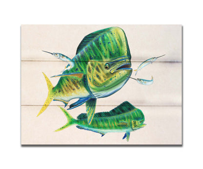 A painting of two vibrant green mahi-mahi fish swimming alongside three shimmering ballyhoo, isolated against a white background. Printed on a box board.