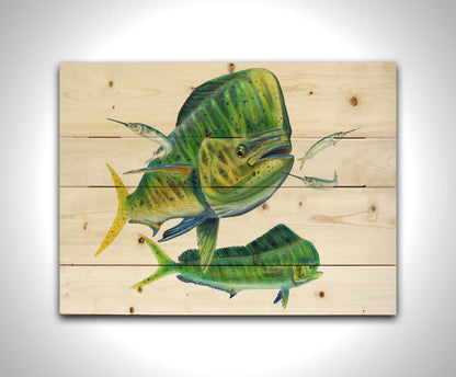 A painting of two vibrant green mahi-mahi fish swimming alongside three shimmering ballyhoo, isolated against a white background. Printed on a wood pallet.