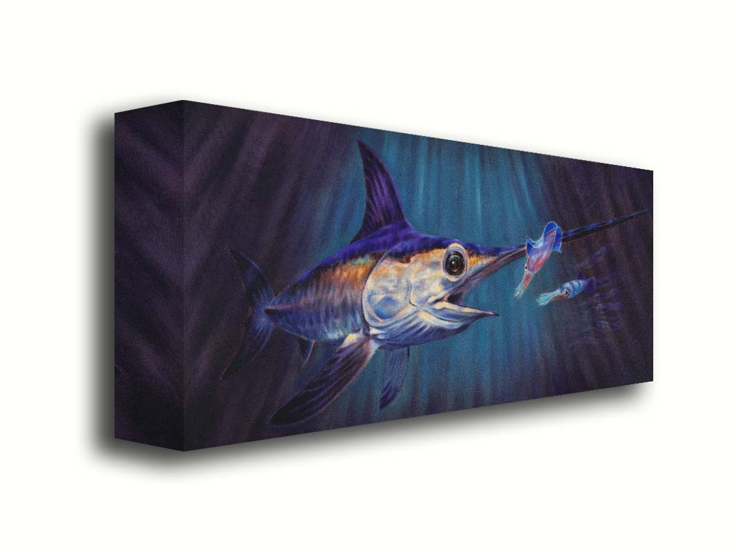 A painting of a swordfish in pursuit of its prey, a shoal of squid, deep in the dark waters of the ocean. Printed on canvas.