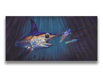 A painting of a swordfish in pursuit of its prey, a shoal of squid, deep in the dark waters of the ocean. Printed on canvas.