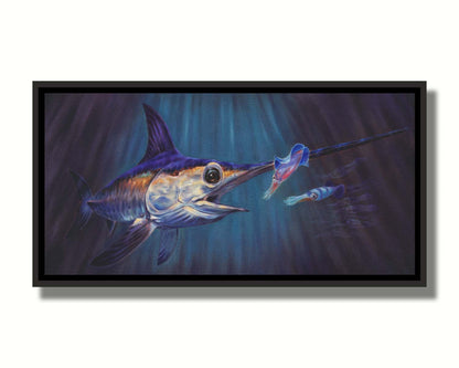 A painting of a swordfish in pursuit of its prey, a shoal of squid, deep in the dark waters of the ocean. Printed on canvas in a float frame.