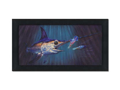 A painting of a swordfish in pursuit of its prey, a shoal of squid, deep in the dark waters of the ocean. Printed on canvas and framed.